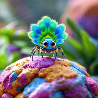 The primary subject of the image is a small, colorful spider with a blue body and green and blue legs. It is sitting on top of a colorful rock, which has a mix of purple, blue, and orange colors. The visual style of the image is a combination of photo and digital art, creating a vibrant and lively scene. The colors and mood of the image are cheerful and lively, with the spider and the rock both displaying a variety of bright colors.